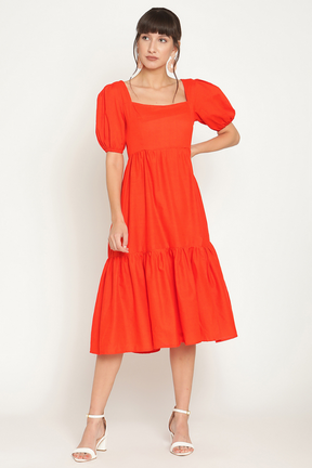 Puff sleeves midi tiered dress with slit-Tangerine