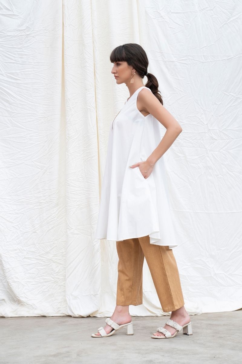 Marshmellow-White Cotton Poplin Flared Kurta