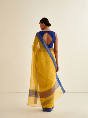 Banarasi Woven blue Contrasting border sari-sunflower yellow