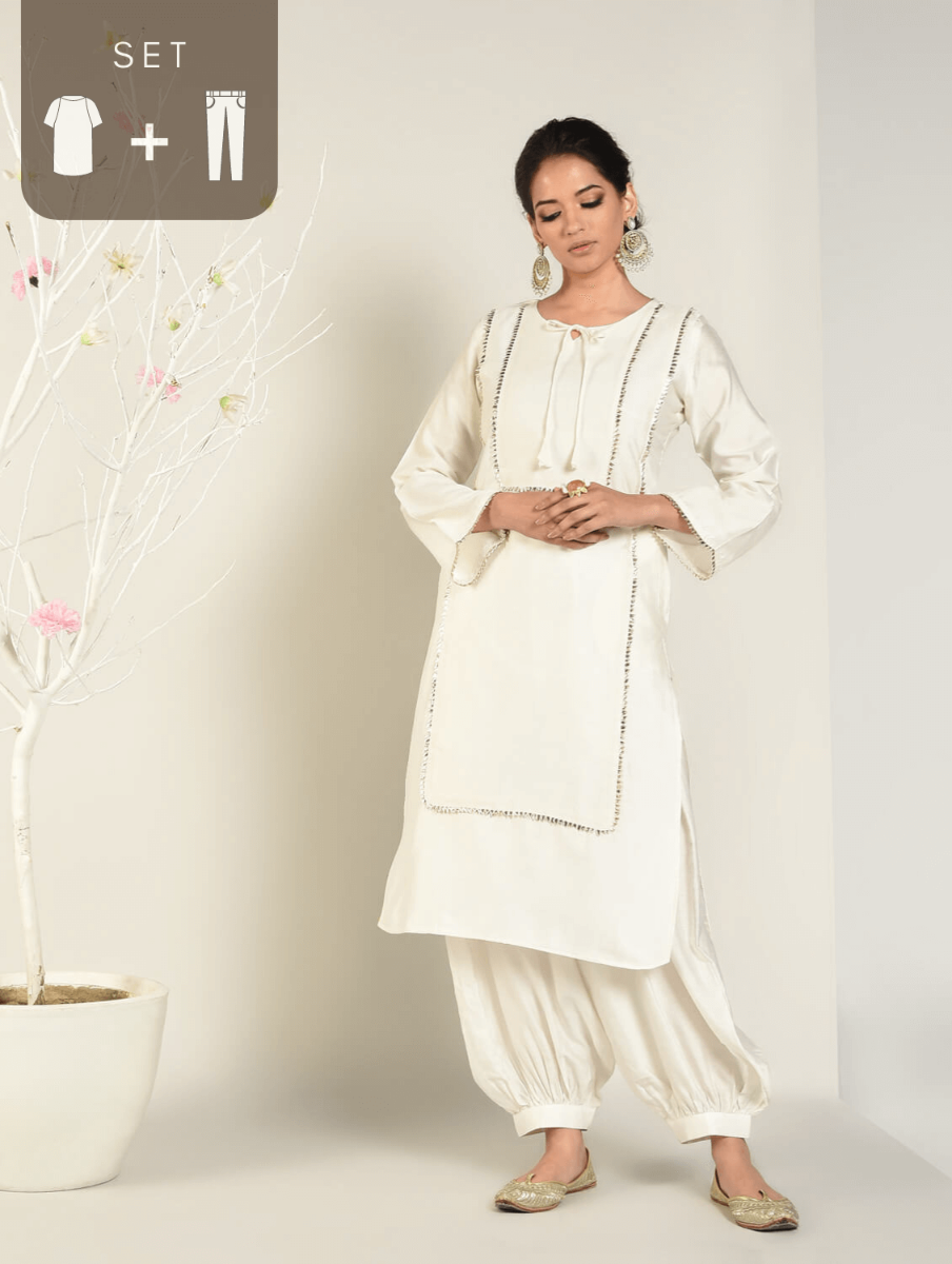 Off-White Banarasi Panelled Kurta with Pathani Pants