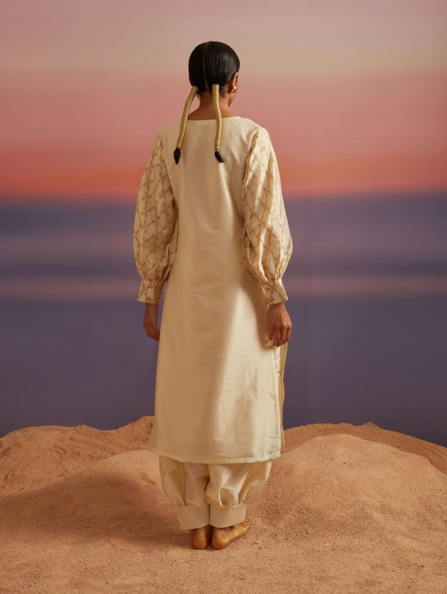 Cloud Cream Banarasi Kurta Set With Pathani Pants