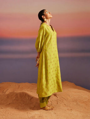 Macaw Green Banarasi A-Line Kurta With Pathani Pants