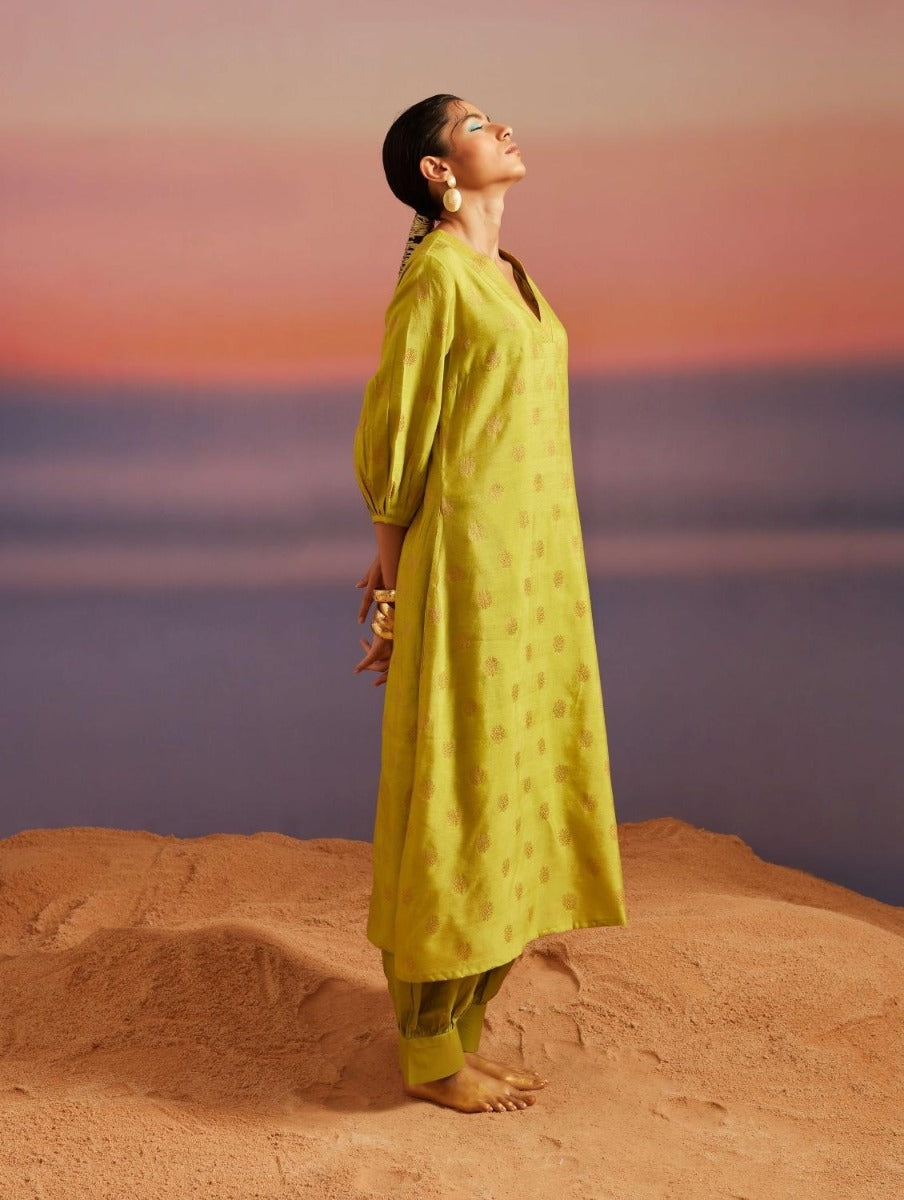 Macaw Green Banarasi A-Line Kurta With Pathani Pants