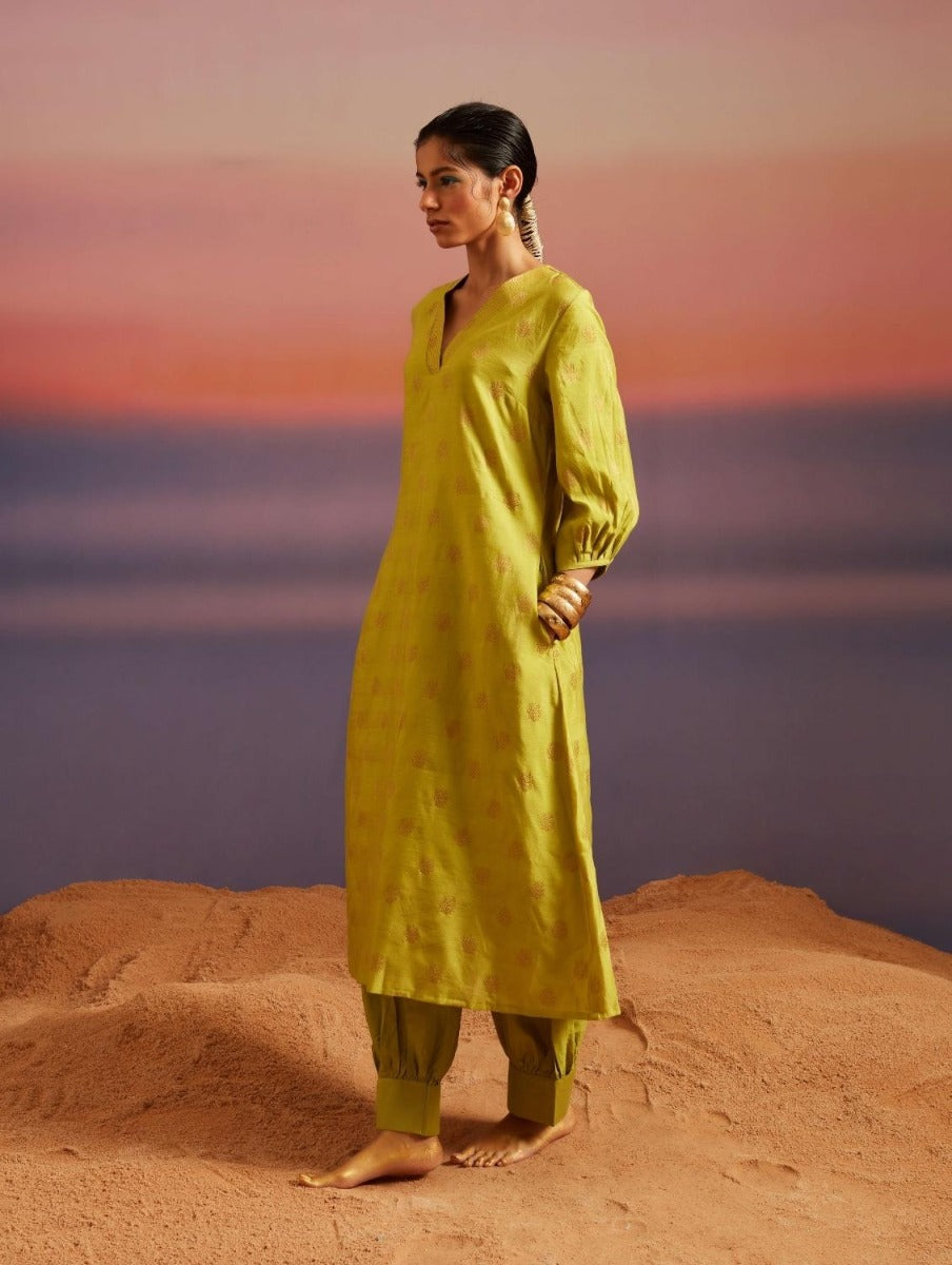 Macaw Green Banarasi A-Line Kurta With Pathani Pants