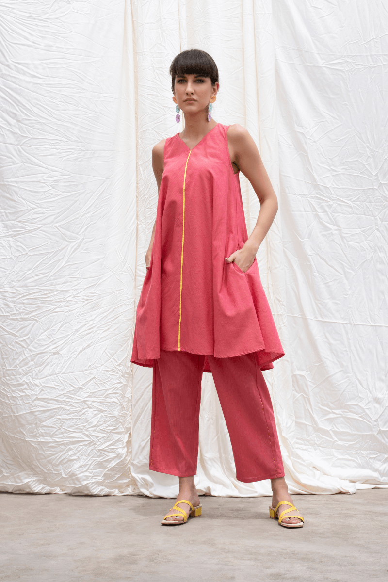 Punch Pink Mangalgiri Flared Kurta With Pants