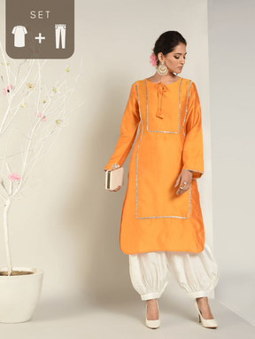 Turmeric Banarasi Panelled Kurta with Pathani Pants