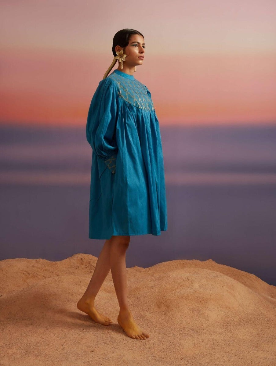 Coral Blue Pleated Flared Dress