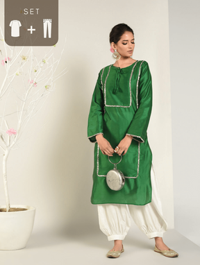 Green Banarasi Panelled Kurta with Pathani Pants