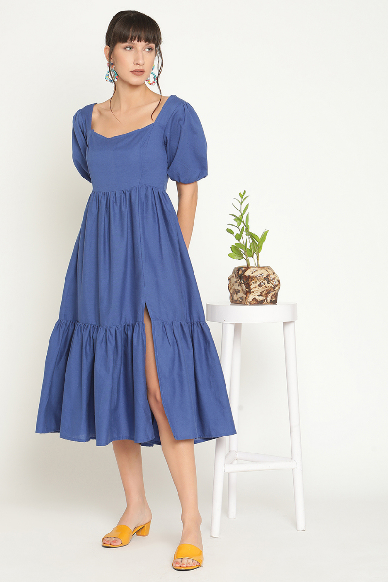 Puff sleeves midi tiered dress with slit-Azure Blue