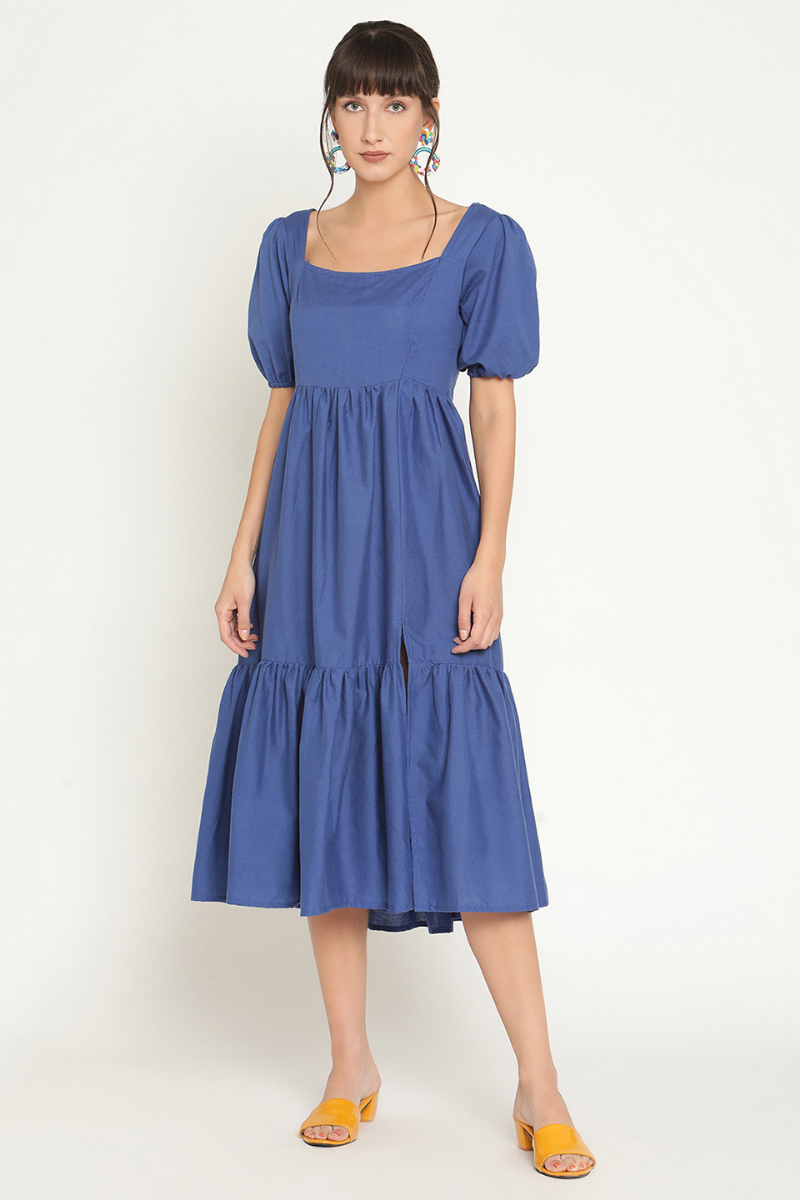 Puff sleeves midi tiered dress with slit-Azure Blue