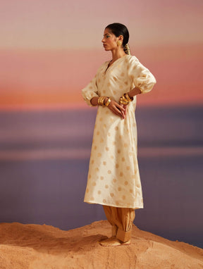 Cloud Cream Banarasi A-Line Kurta With Pathani Pants