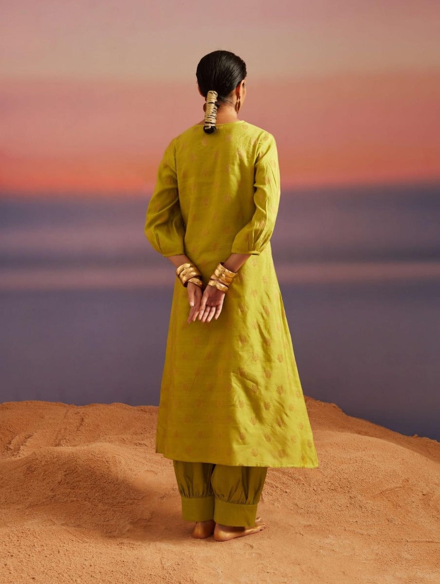 Macaw Green Banarasi A-Line Kurta With Pathani Pants