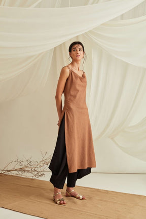 Strappy cowl neck kurta with flared cowl pants-Russet Brown+Midnight Black