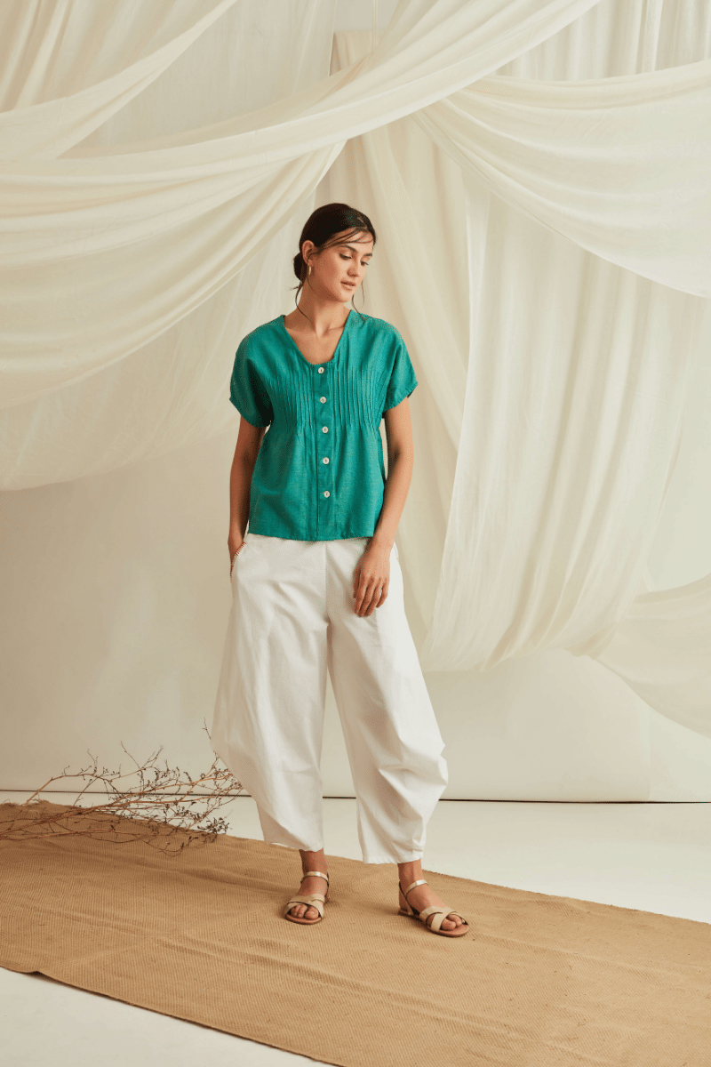 Pintucked button down top with pleated pants-Persian Green+Marshmallow White