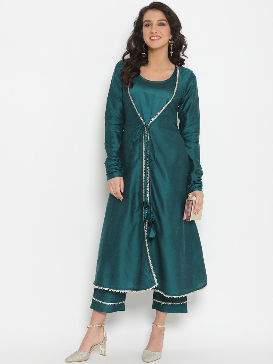 Peacock Green Banarasi Jacket with sleeveless kurta
