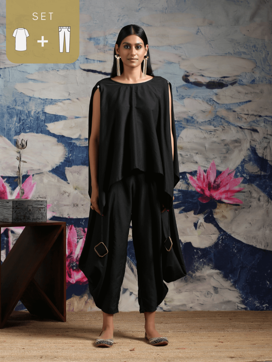 Cotton silk handkerchief hemline top detailed with attached tassels, along with flared dhoti pants Black
