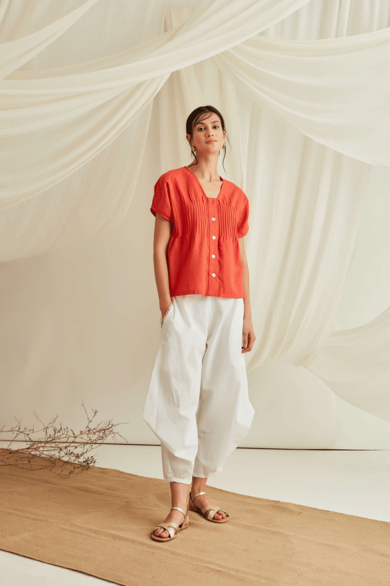 Pintucked button down top with pleated pants-Orange Rust+Marshmallow White