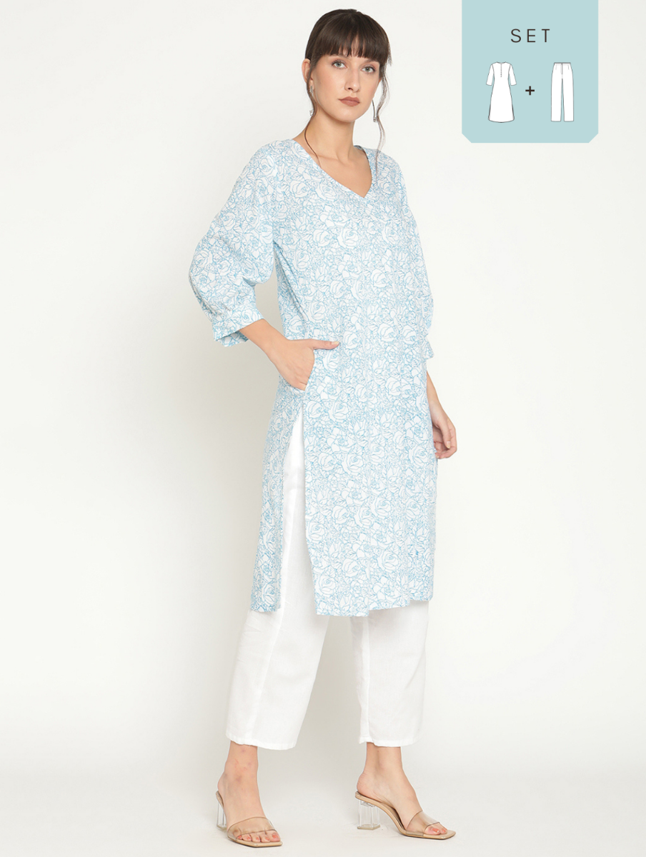 Abhishti blouson sleeve printed kurta with straight pants-Multi