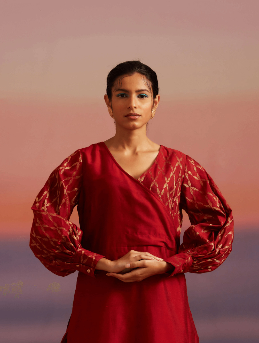 Coral Red Banarasi Kurta Set With Pathani Pants
