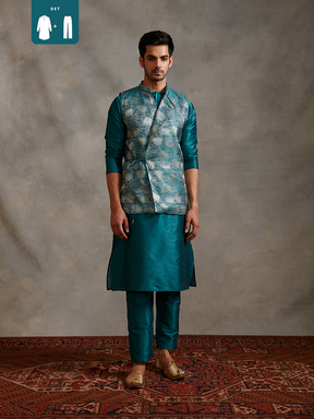 Banarasi kurta with overlapped zari jacket & straight pants- Teal Blue