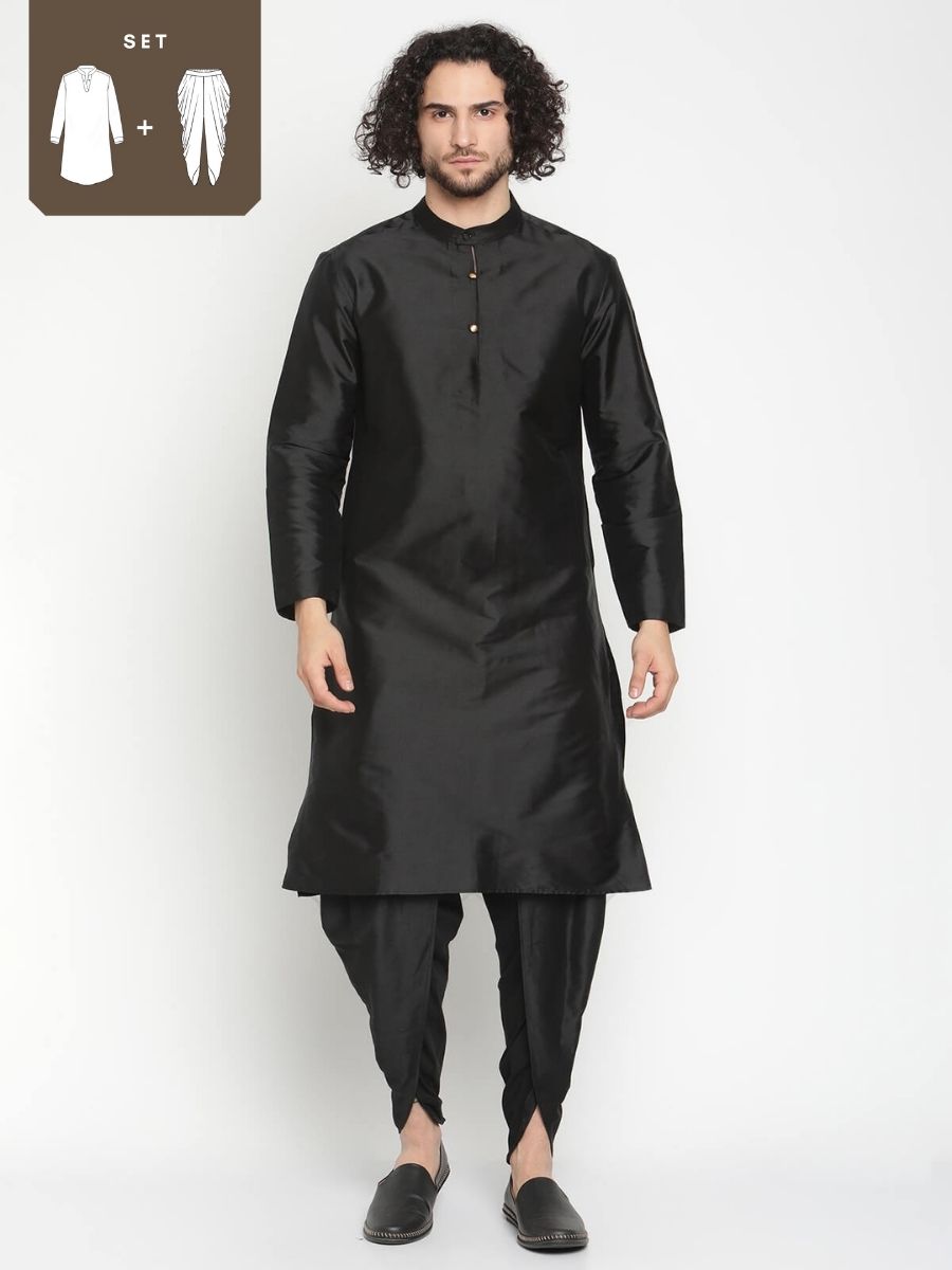 Men Black Banarasi Kurta With Tulip Dhoti