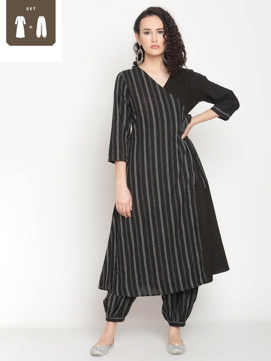 Midnight Black Angrakha Kurta With Slouchy Pants