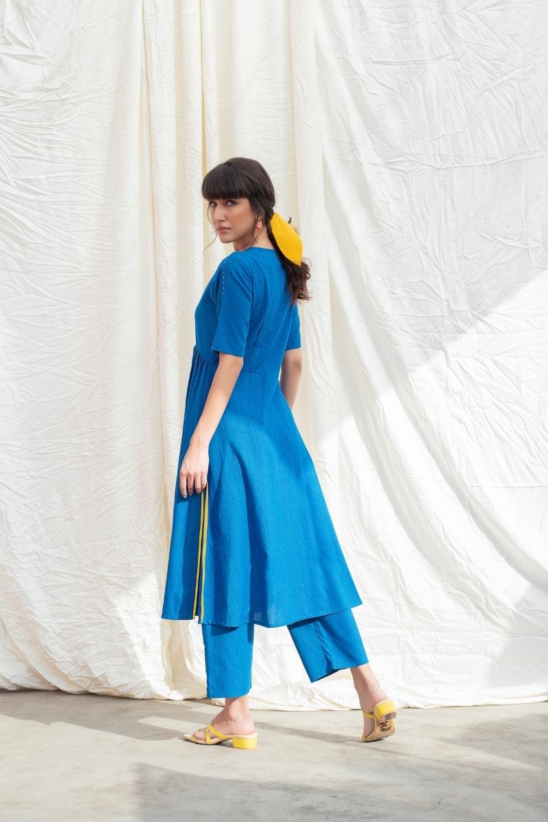 Cobalt Blue Mangalgiri U- Waistline Kurta With Pants