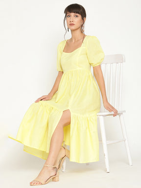 Puff sleeves midi tiered dress with slit-Lemon