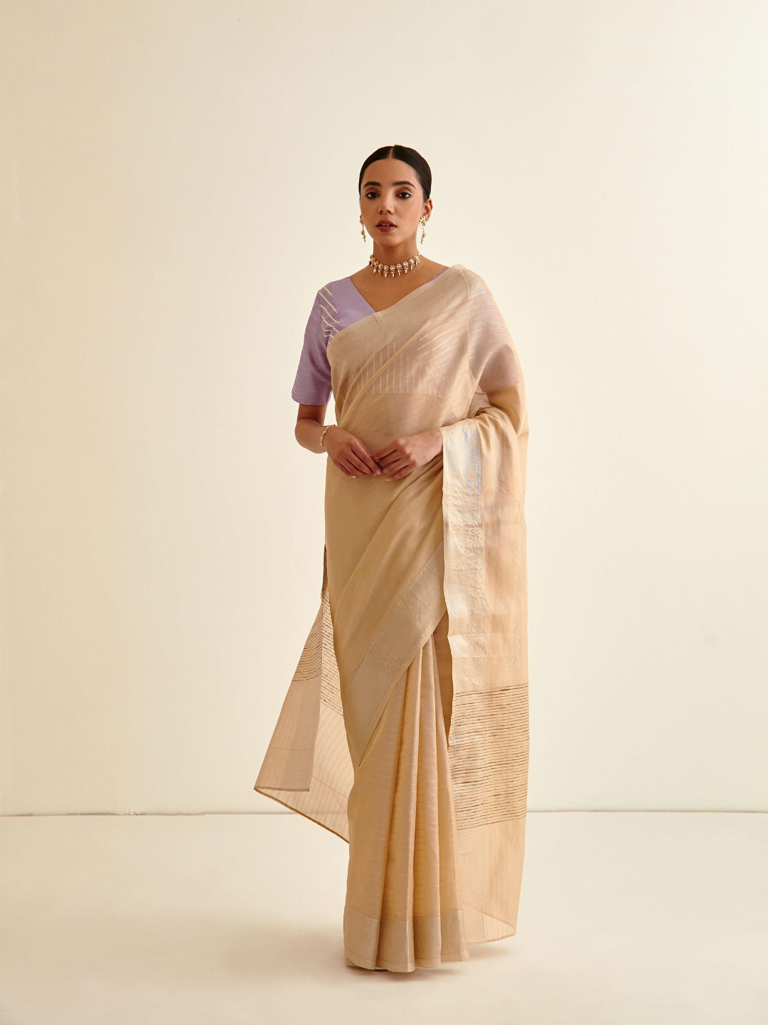 Banarasi Woven sari with silver zari border - Buttermilk