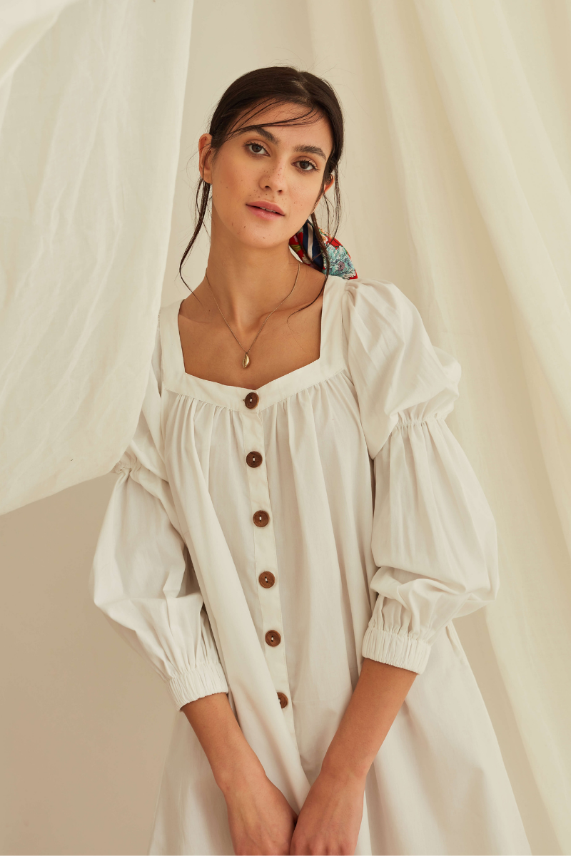 Marie sleeves Button down mini dress-Marshmallow White