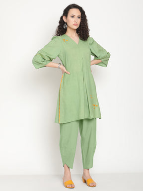 Fern Green Flared Kurta With Overlap Hem Pants