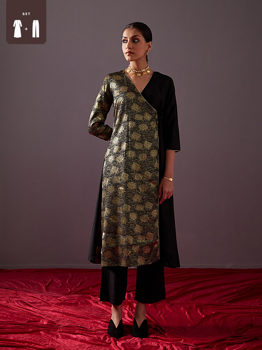 Paneled  Banarasi Angrakha With Pegged Pants