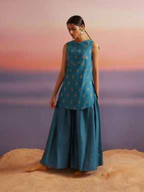 Coral Blue Banarasi Sleeveless Kurta With Palazzo