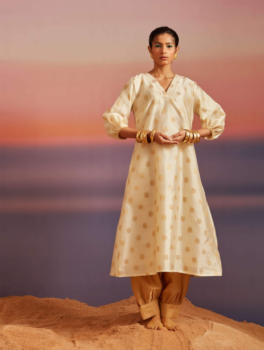 Cloud Cream Banarasi A-Line Kurta With Pathani Pants