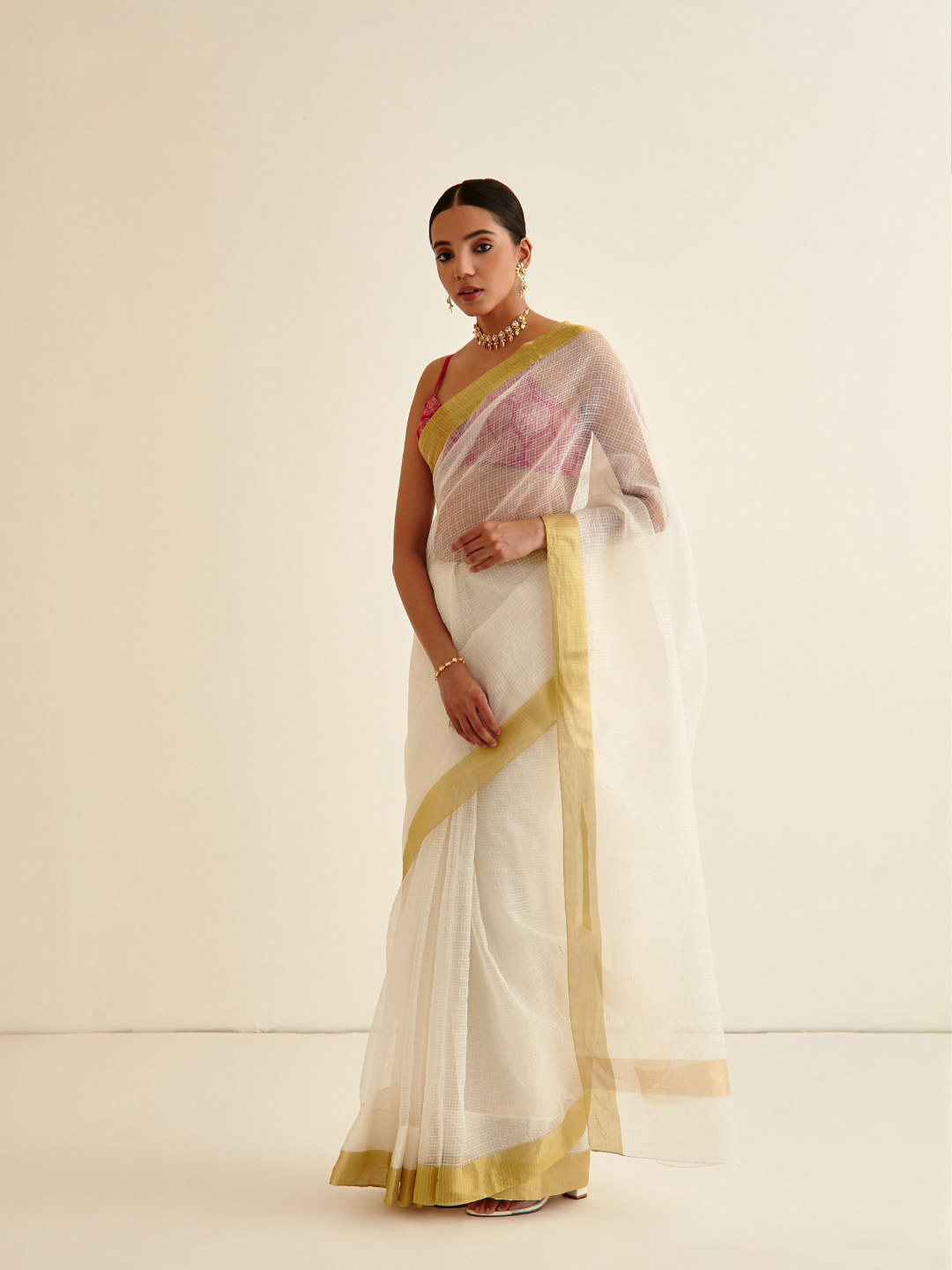 Tissue silk sari with gold border-Pearl white
