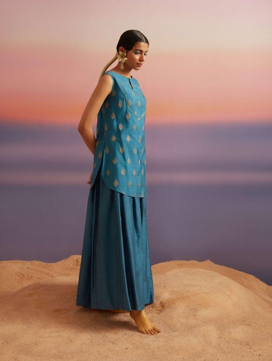 Coral Blue Banarasi Sleeveless Kurta With Palazzo