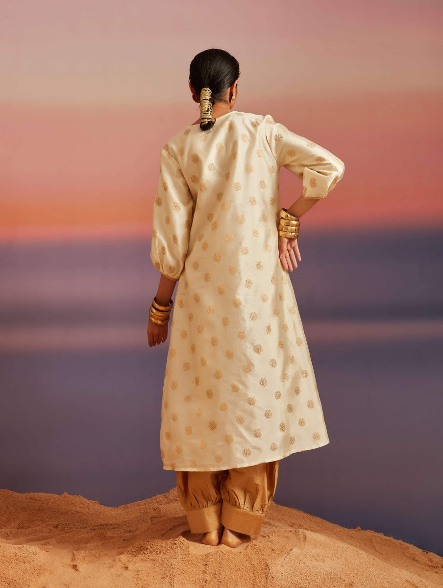 Cloud Cream Banarasi A-Line Kurta With Pathani Pants