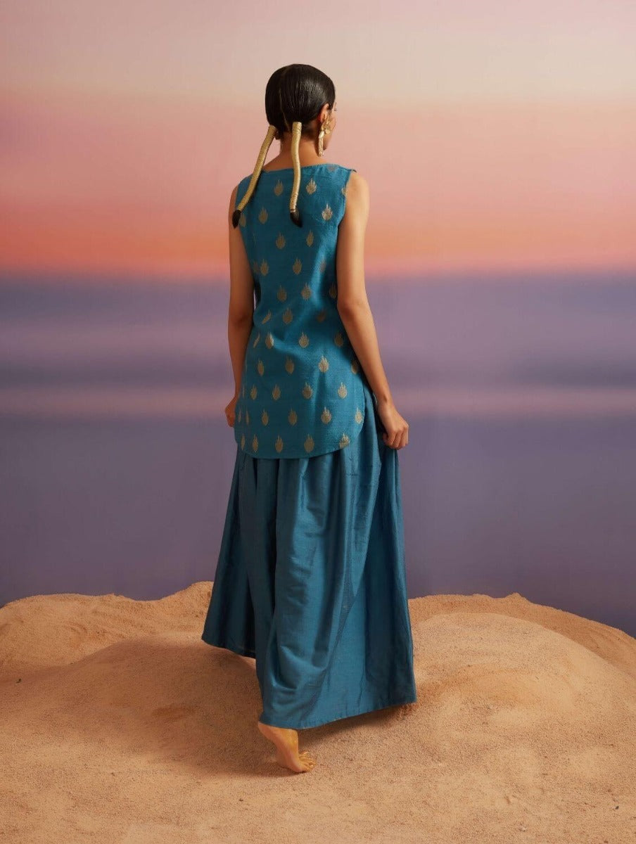 Coral Blue Banarasi Sleeveless Kurta With Palazzo