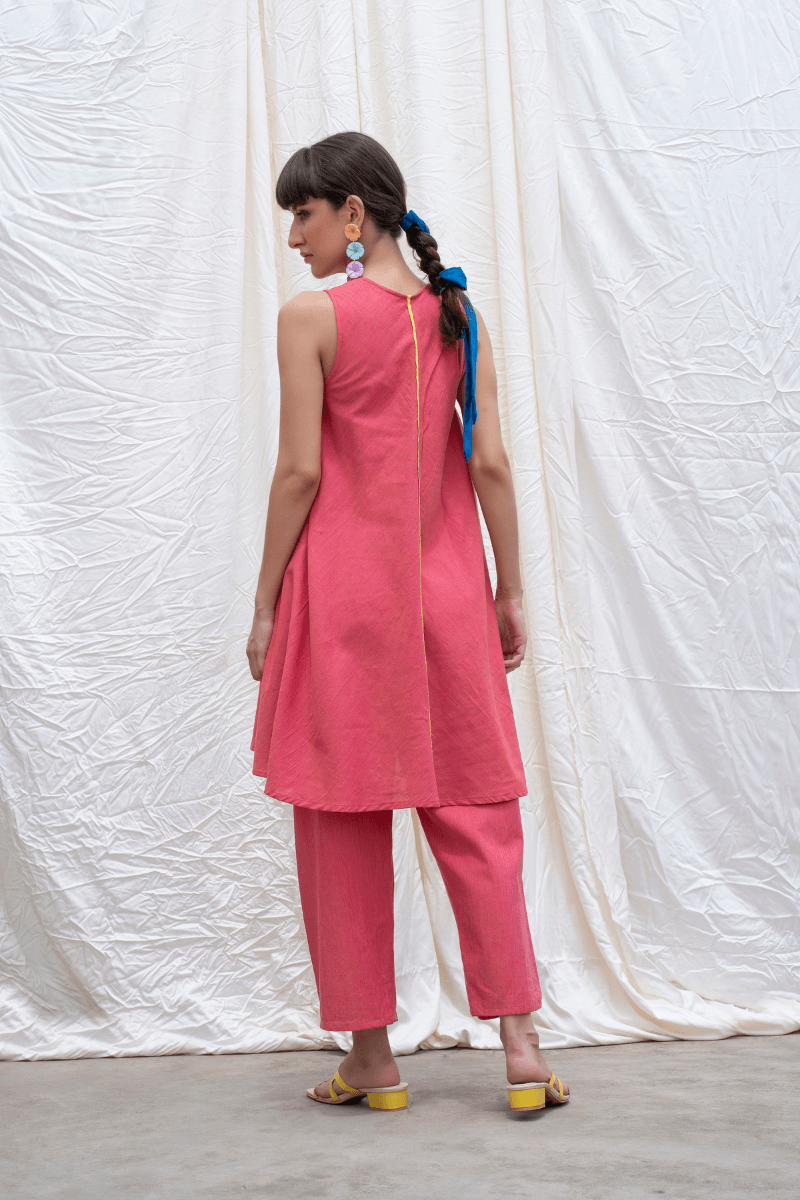 Punch Pink Mangalgiri Flared Kurta With Pants