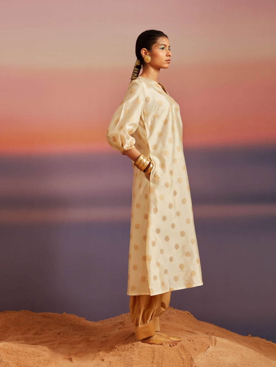Cloud Cream Banarasi A-Line Kurta With Pathani Pants