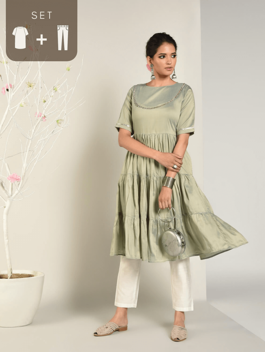 Abhishti Cotton Silk Tiered Flared Kurta with Lace Yoke detail Set