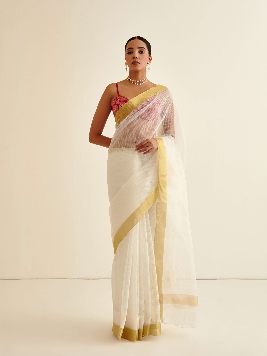 Tissue silk sari with gold border-Pearl white