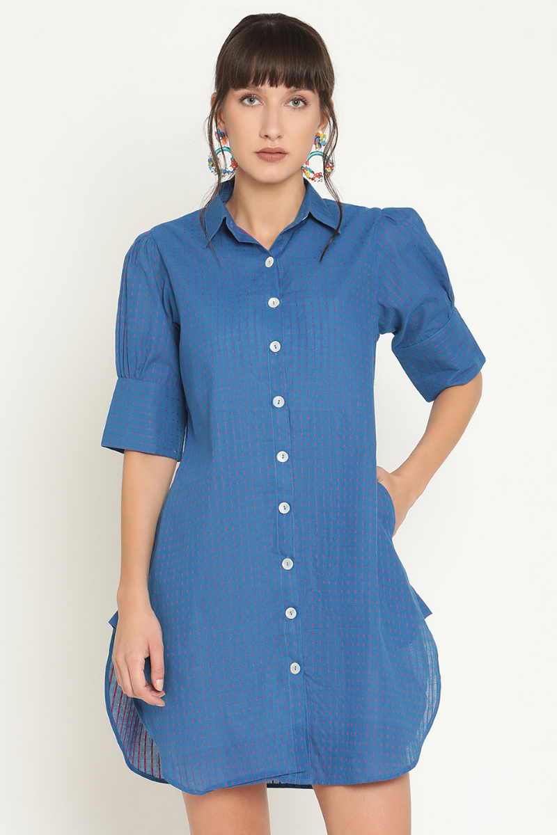 Gathered cuff sleeves mini shirt dress-Cobalt Blue