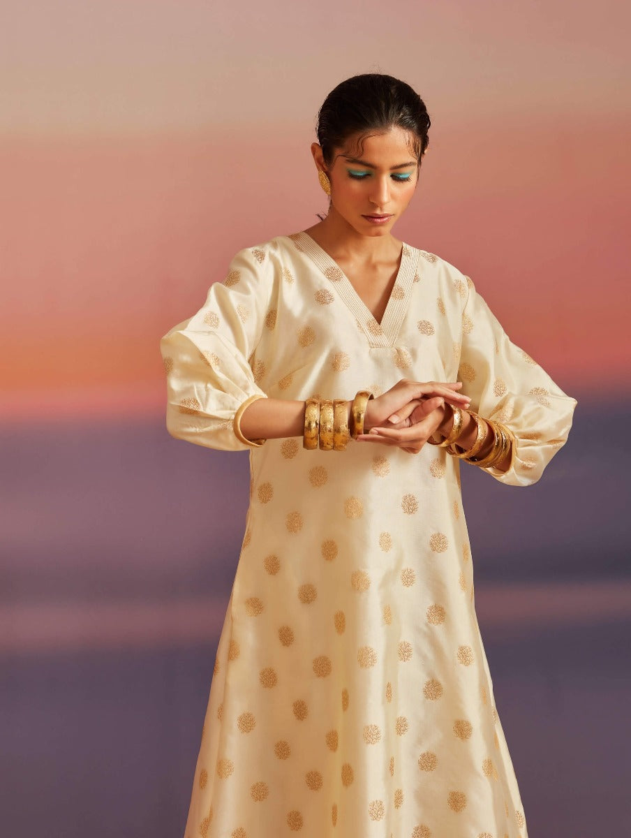 Cloud Cream Banarasi A-Line Kurta With Pathani Pants