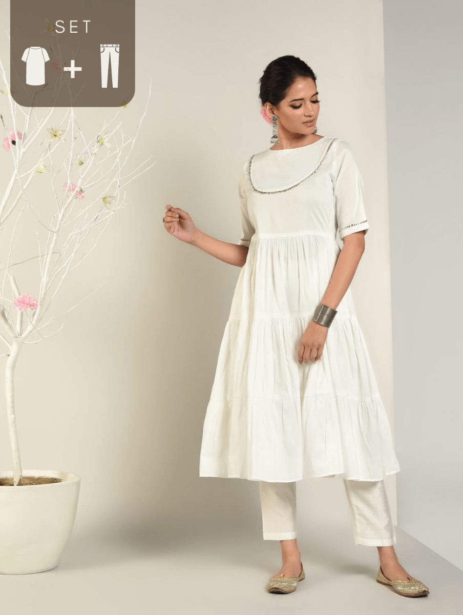 Abhishti Cotton Silk Tiered Flared Kurta with Lace Yoke detail Set