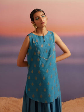 Coral Blue Banarasi Sleeveless Kurta With Palazzo