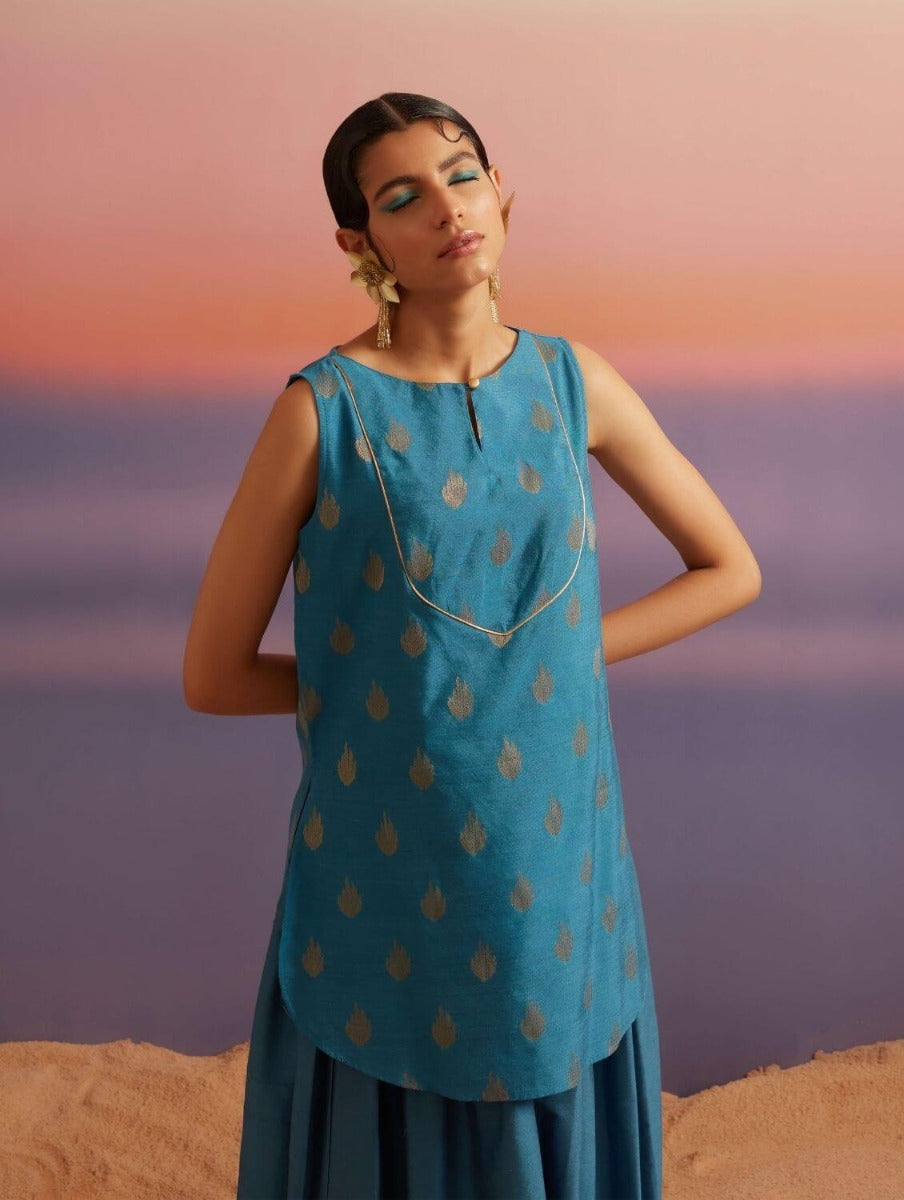Coral Blue Banarasi Sleeveless Kurta With Palazzo