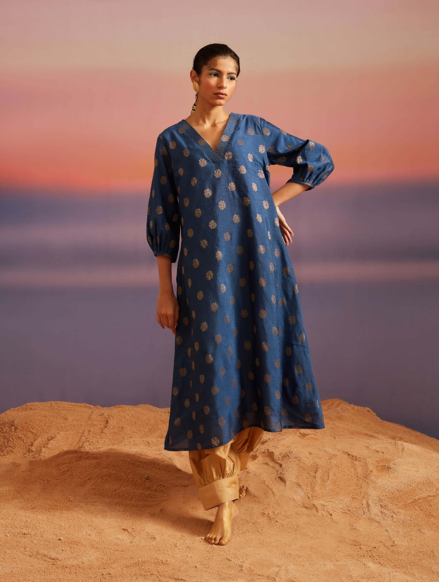 Blue Quartz Banarasi A-Line Kurta With Pathani Pants