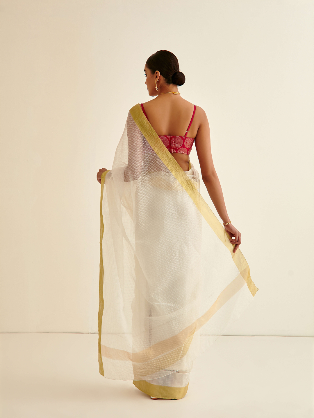 Tissue silk sari with gold border-Pearl white