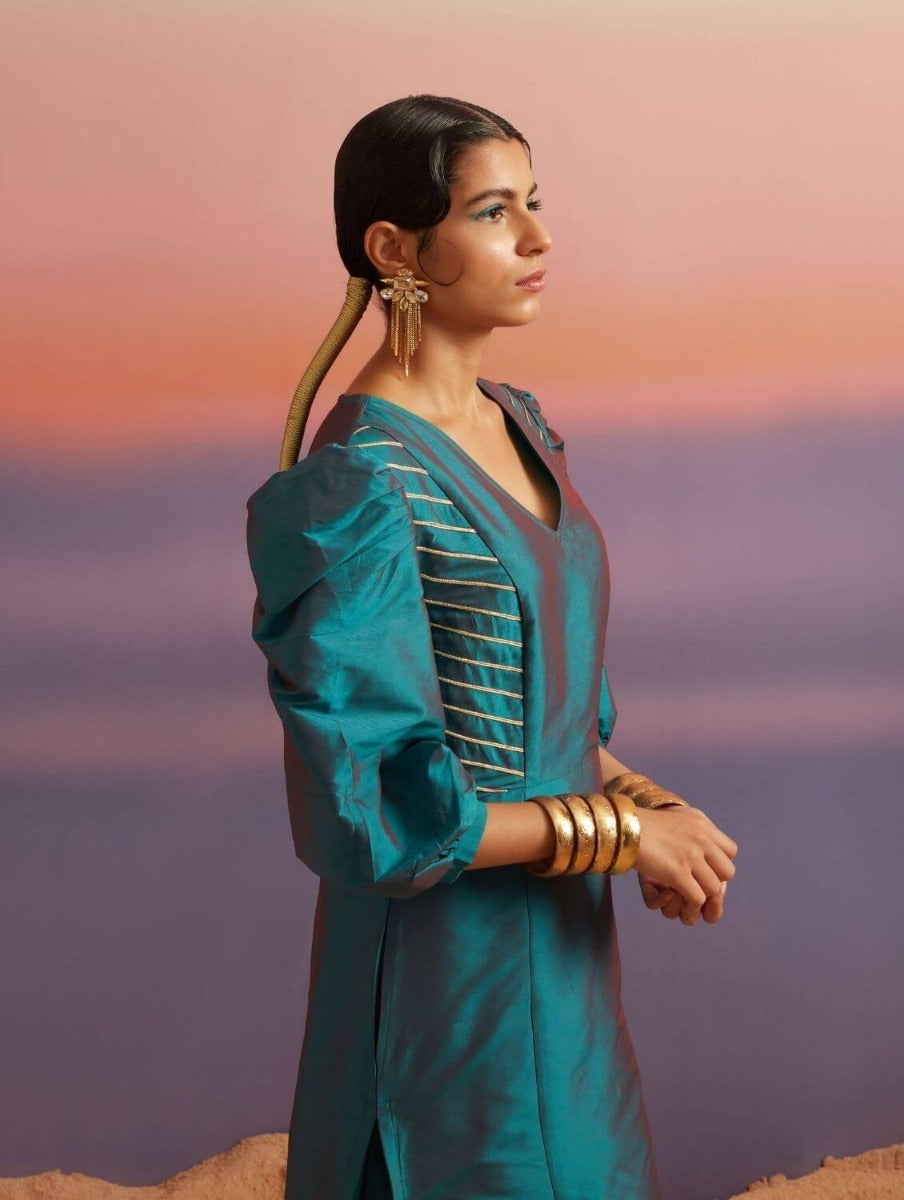 Teal Blue Banarasi Kurta With Detailed Side Panels